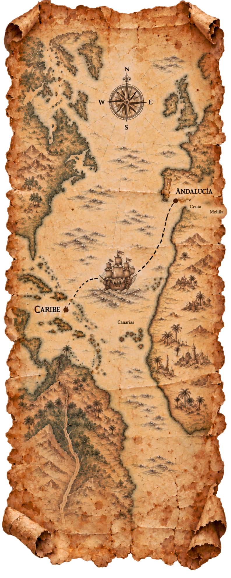 Mapa sobre pergamino antiguo: América y el Caribe a la izquierda, Andalucía, Europa y África a la derecha, unidos por una ruta marítima con un barco de vela; aparecen Ceuta, Melilla y Canarias.